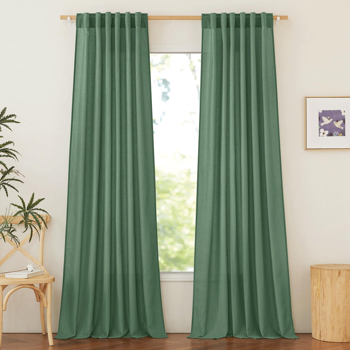 NICETOWN Flax Sheer Linen Curtains for Living Room 95 inch Long 2 Panels, Rod Pocket & Back Tab Semi Sheer Drapes Privacy Added with Light Filtering for Bedroom/Living Room, Natural, W55 x L95