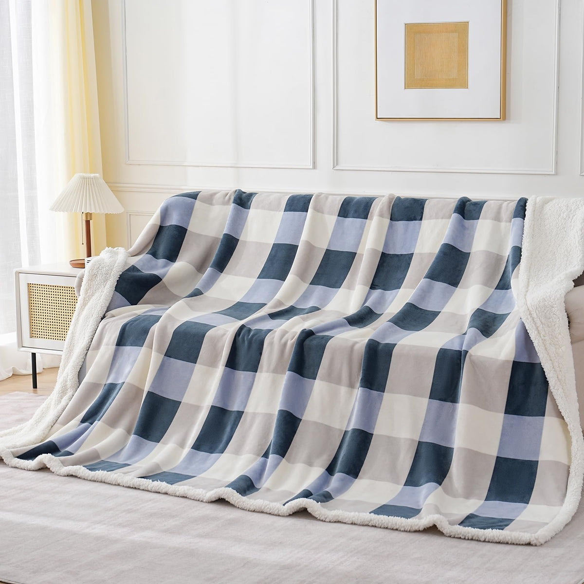 PU MEI Sherpa Fleece Throw Blanket 60" x 80" Reversible Plush Fluffy Large Big Blanket Lattice Flannel Blankets for Sofa Couch Bed (Grey-Soft Blue, 60"*80")