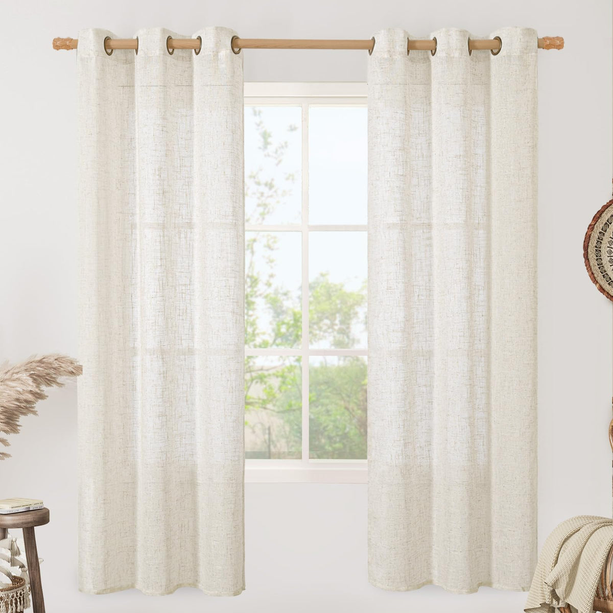 LAMIT Cream Ivory Linen Semi Sheer Curtains 84 inch Length for Bedroom