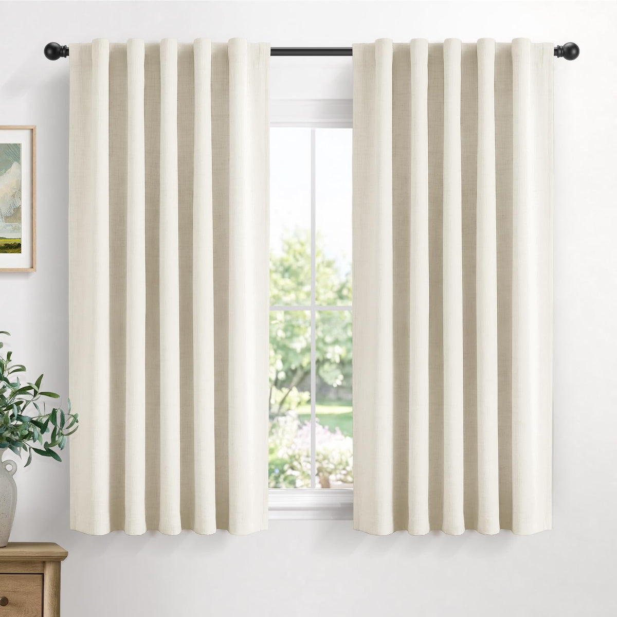 Linen Total Blackout Curtains for Bedroom Living Room 84 Inch, Cream