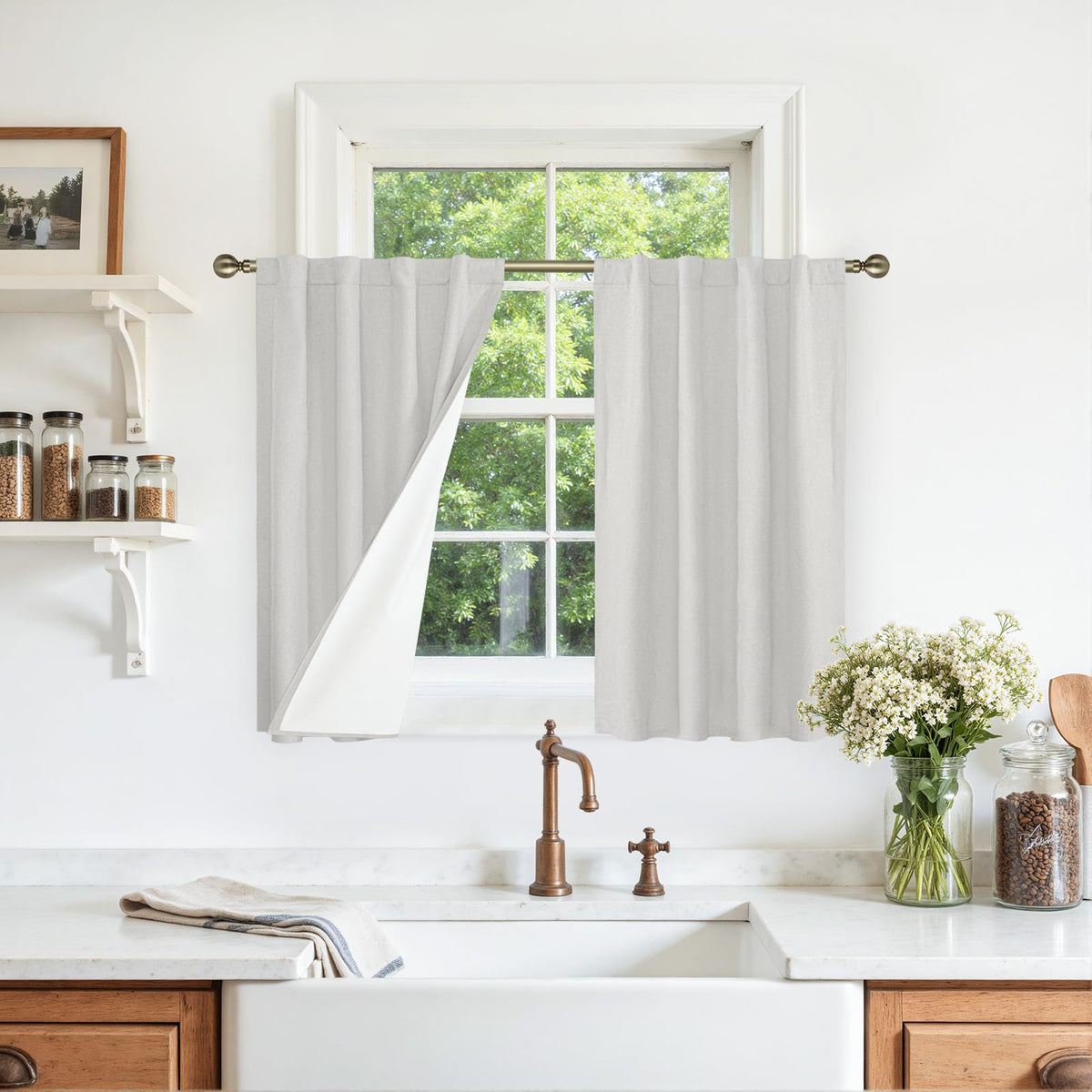 LAMIT 100% Blackout Short Linen Curtains for Cafe 40 Inch Length, Ivory