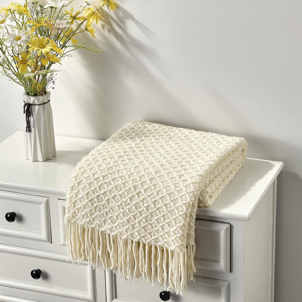 CREVENT Farmhouse Boho Knitted Throw Blanket for Couch Sofa Chair Bed Home Decoration, Soft Warm Cozy Light Weight for Spring Summer Fall (50''X60'' Sage Green)