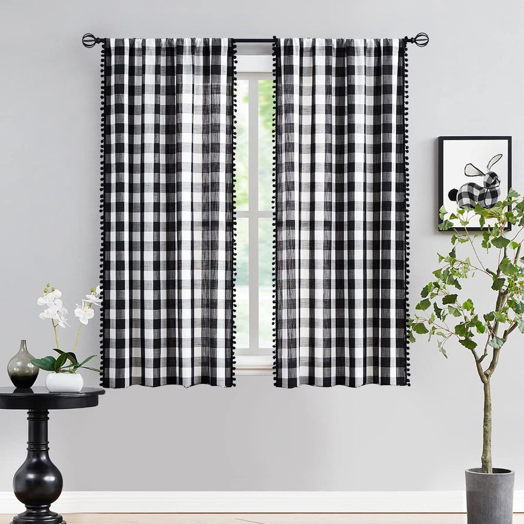 White Black Buffalo Check Curtains with PomPoms 45" SemiSheer Country Plaid