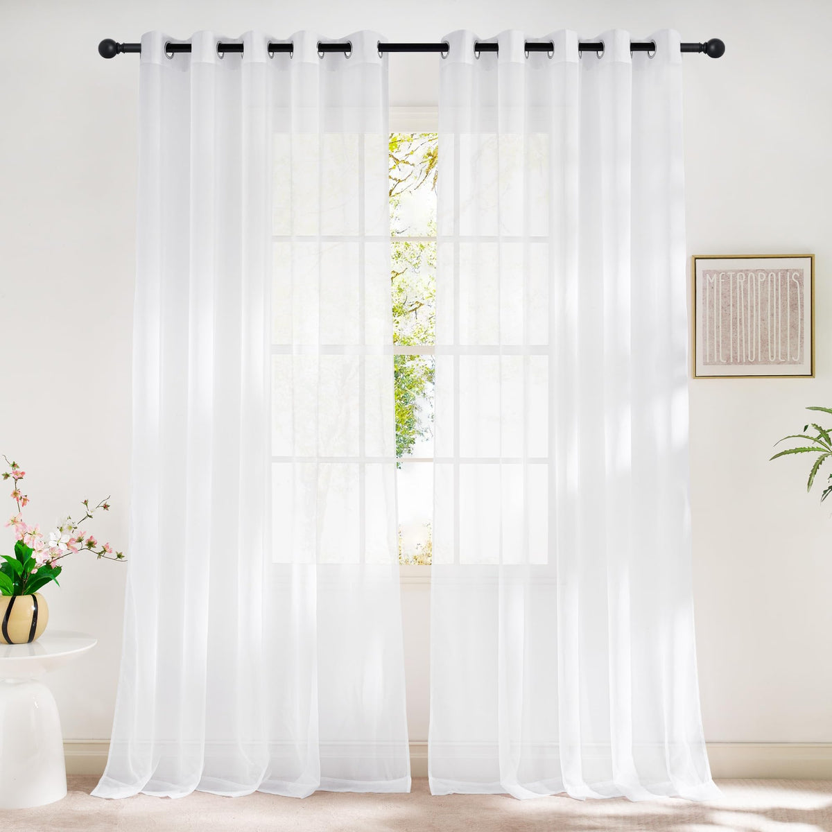 NICETOWN White Sheer Curtains & Drapes 96 inches Long for Living Room - Grommet Top Solid Lightweight & Airy Gauzy Window Treatments with Light Filtering for Bedroom, 2 Panels, W54 x L96