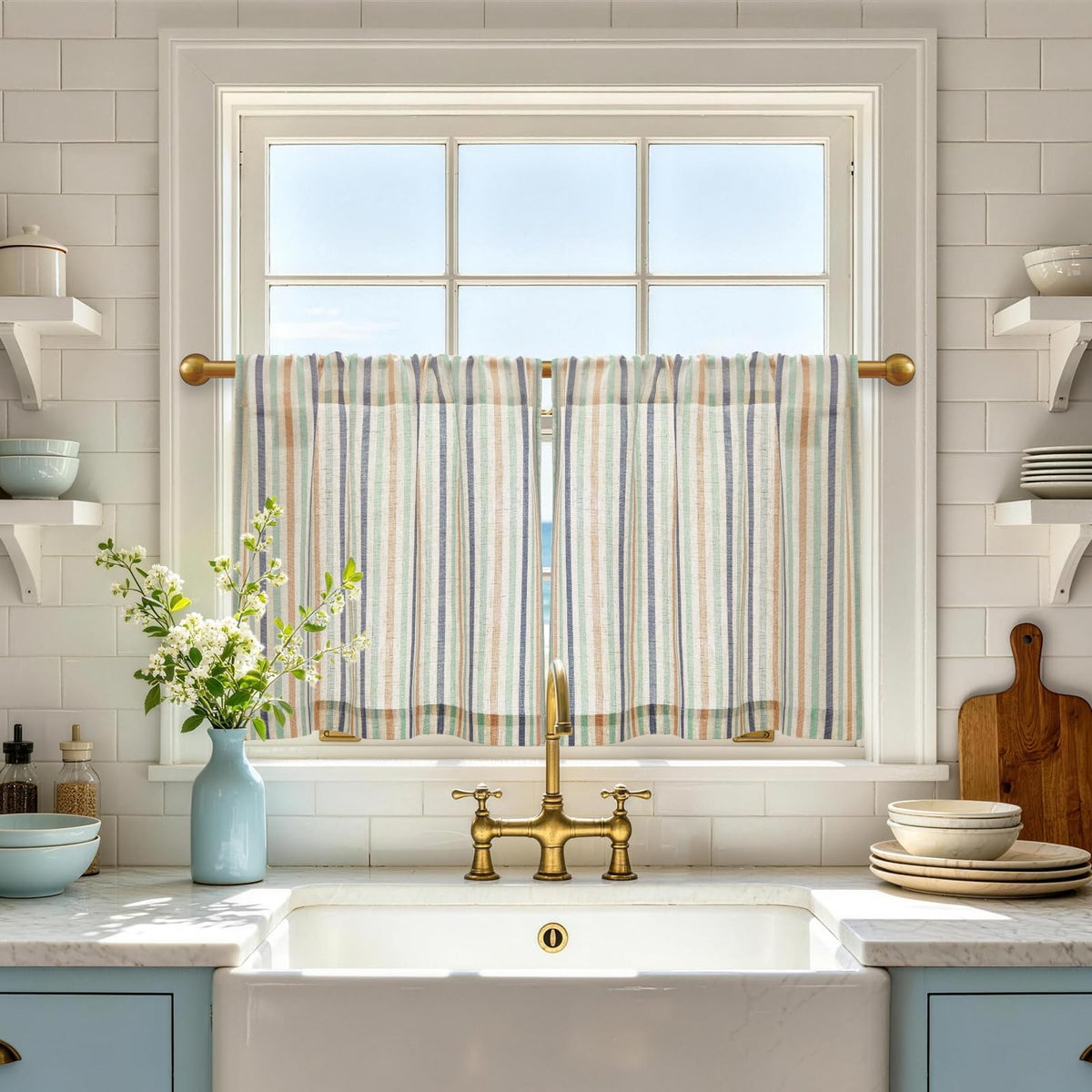 jinchan Striped Linen Kitchen Curtains 36 Inches Length Tier Curtains Farmhouse Modern Cafe Style Small Window Treatments Airy Light Filtering Rod Pocket for Living Room Bathroom 2 Panels Sage Green