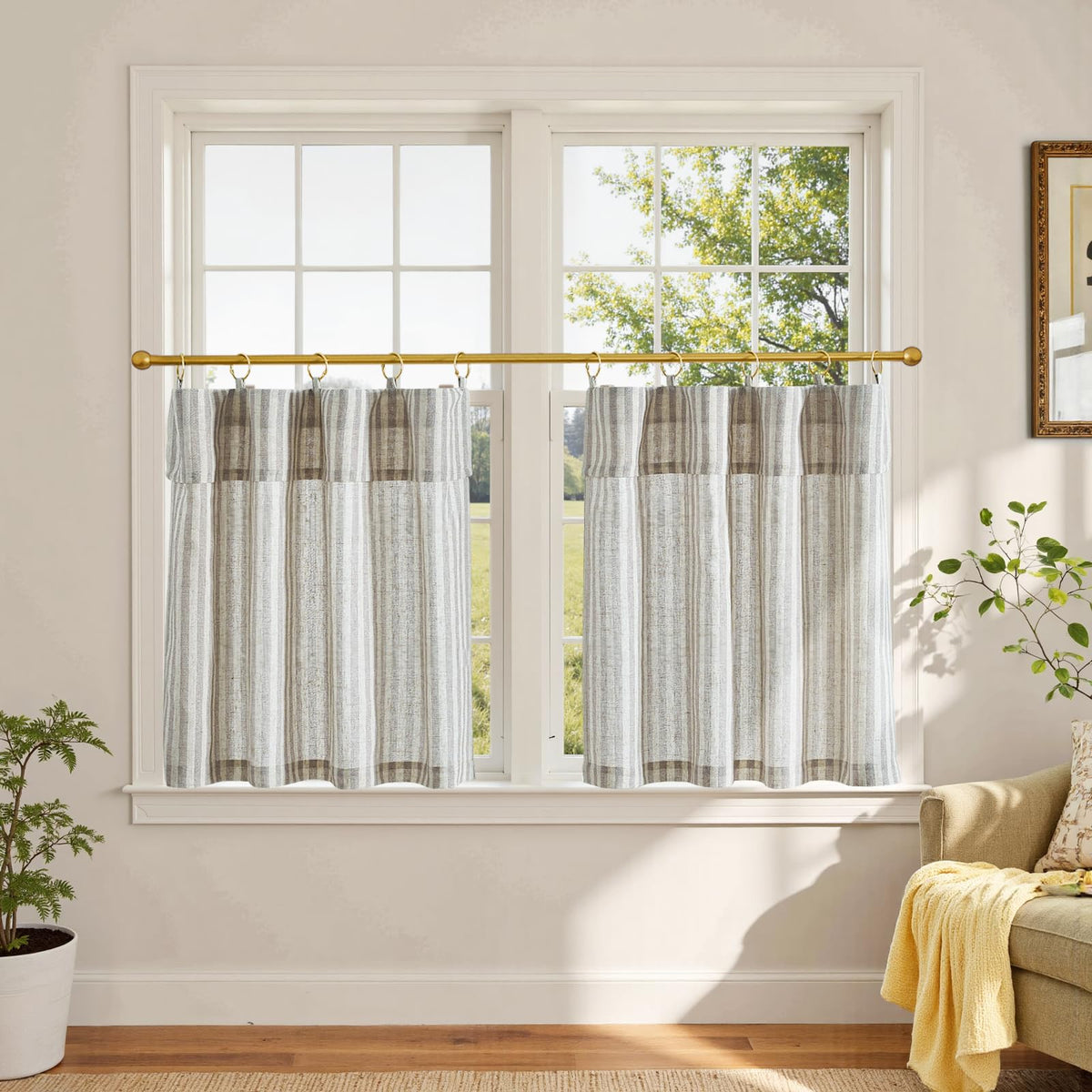 jinchan Striped Linen Kitchen Curtains 36 Inches Length Tier Curtains Farmhouse Modern Cafe Style Small Window Treatments Airy Light Filtering Rod Pocket for Living Room Bathroom 2 Panels Sage Green