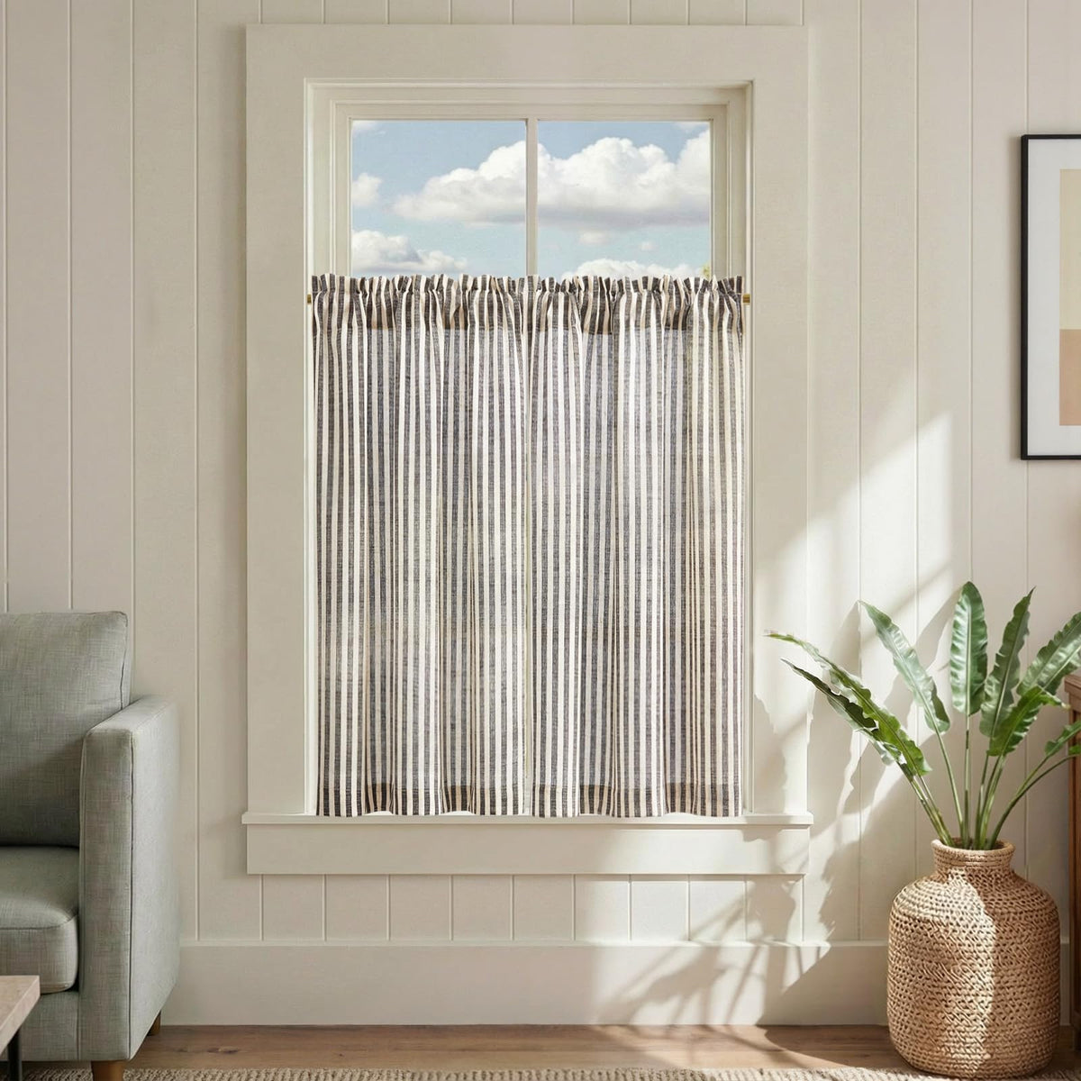 jinchan Striped Linen Kitchen Curtains 36 Inches Length Tier Curtains Farmhouse Modern Cafe Style Small Window Treatments Airy Light Filtering Rod Pocket for Living Room Bathroom 2 Panels Sage Green