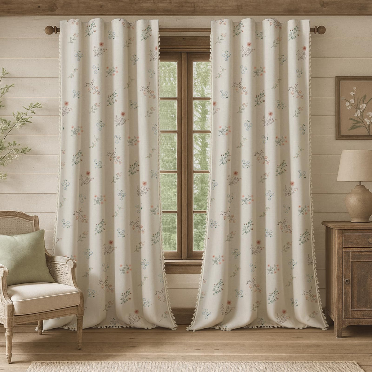 Boho Floral 100% Blackout Curtains 84 Inch 2 Panels Linen Texture