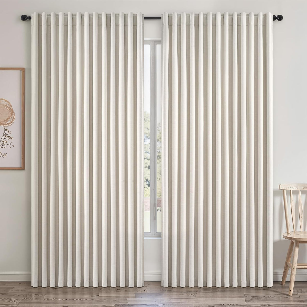 Topfinel Linen Blackout Curtains 96 Inch Long, Boho Farmhouse Ivory Birch Viral Drapes Pinch Pleated Curtains with Hooks for Living Room, Neutral 8 FT Back Tab Bedroom Curtains 52" X 96" 2 Panels