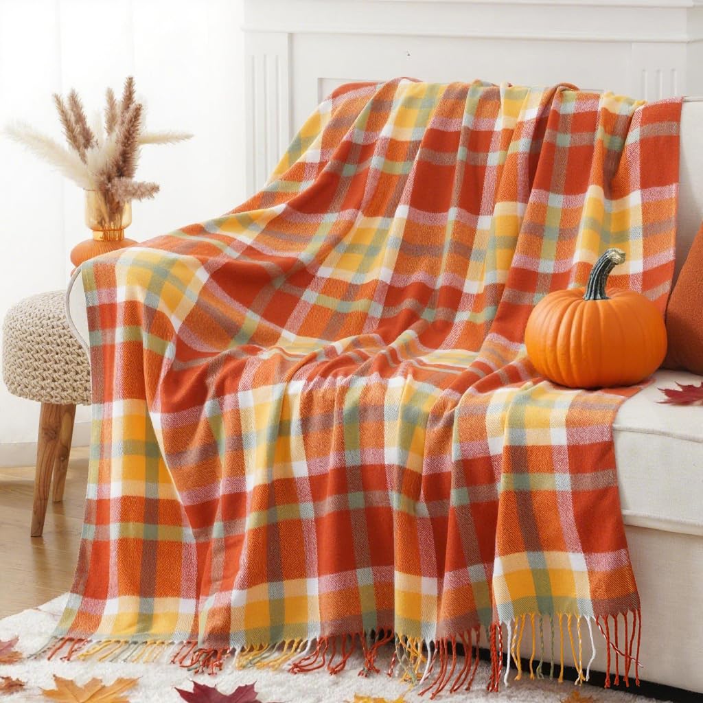 Orange Plaid Throw Blanket for Couch, Fall Throw Blanket 50"x60" Fall Decor