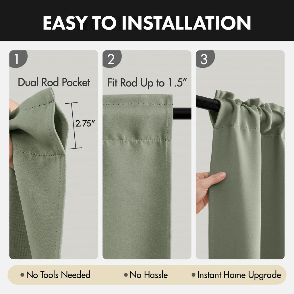 MIULEE Sage Green Blackout Curtains 63 Inch Length for Bedroom 4 Panels
