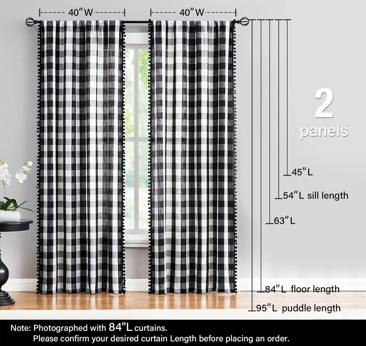 White Black Buffalo Check Curtains with PomPoms 45" SemiSheer Country Plaid