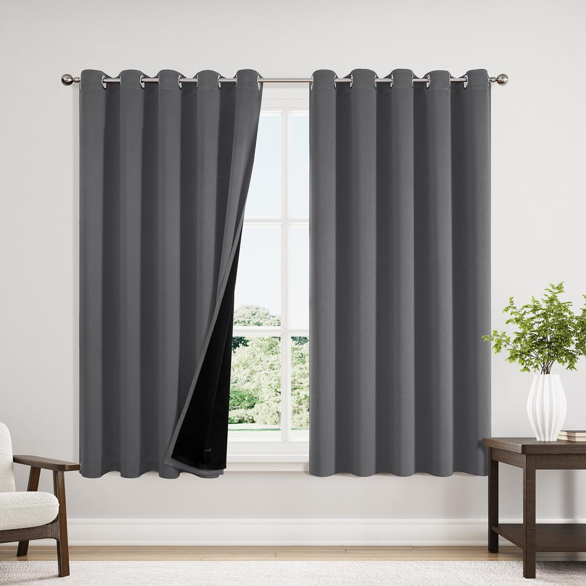 ChrisDowa 100% Blackout Curtains for Bedroom 63 Inch Long with Black Liner