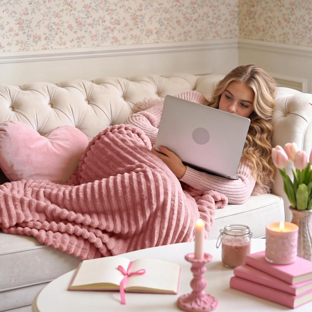 BEDELITE 3D Ribbed Jacquard Pink Fleece Throw Blanket for Couch, 50x60 Inch