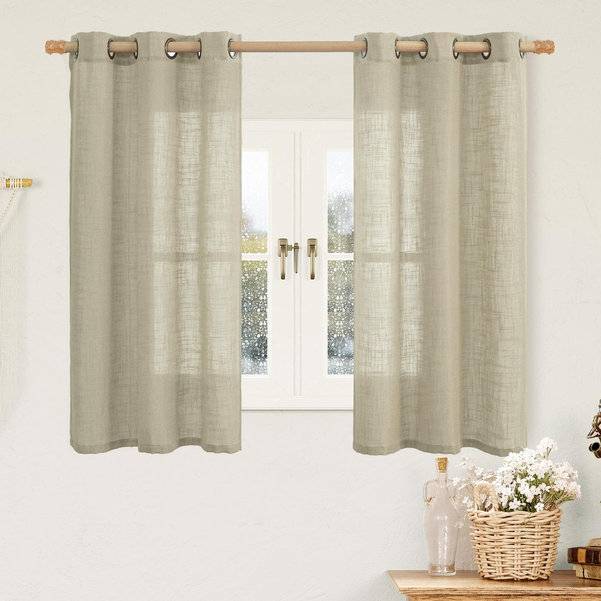 LAMIT Cream Ivory Linen Semi Sheer Curtains 84 inch Length for Bedroom
