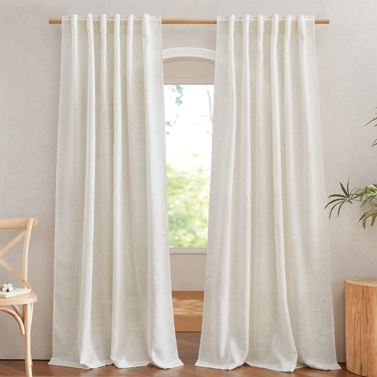 NICETOWN White Linen Sheer Curtains and Drapes 84 inches Long, Rod Pocket & Back Tab semitransparent with Light Through Vertical Window Treatments for Sliding Glass Door & Living Room, 52"W, Set of 2
