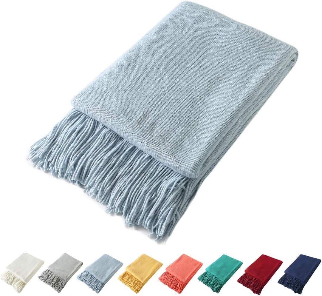 Homiest Pale Blue Knitted Throw Blanket with Fringe, 50x60 Inch