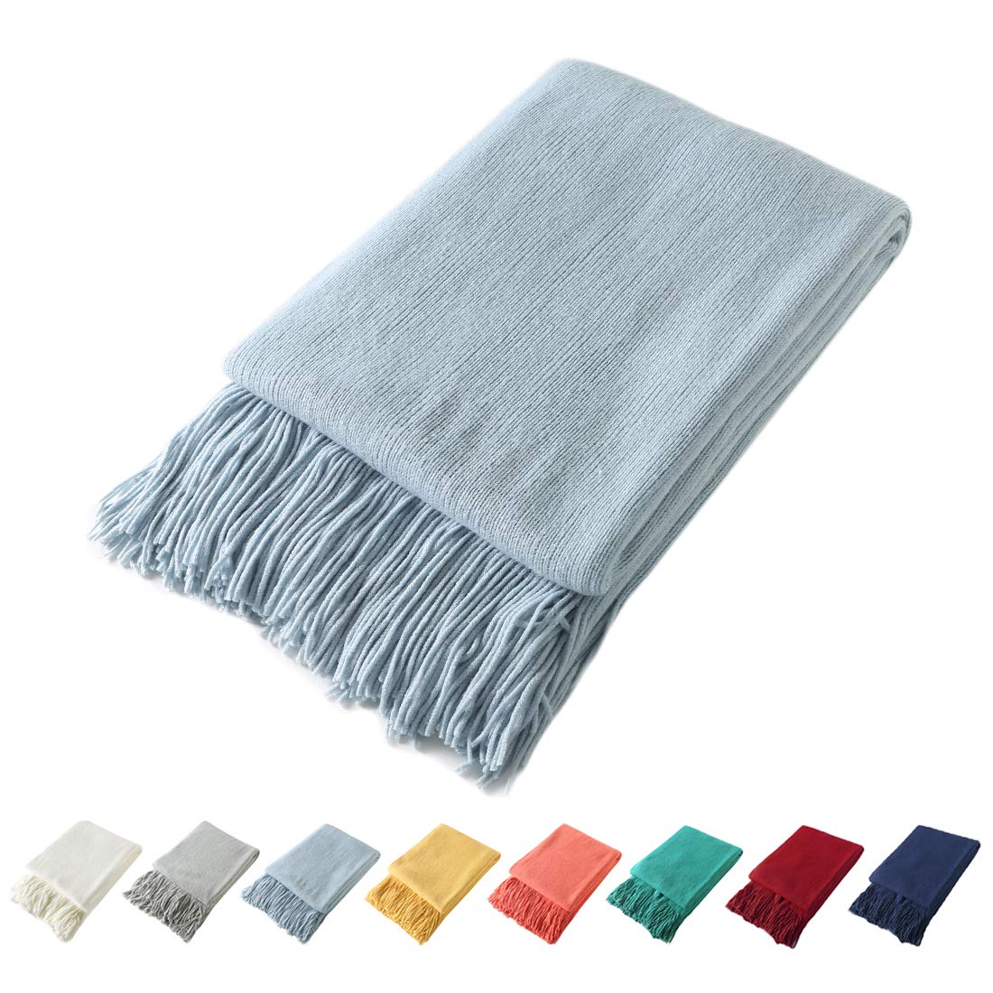 Homiest Pale Blue Knitted Throw Blanket with Fringe, 50x60 Inch