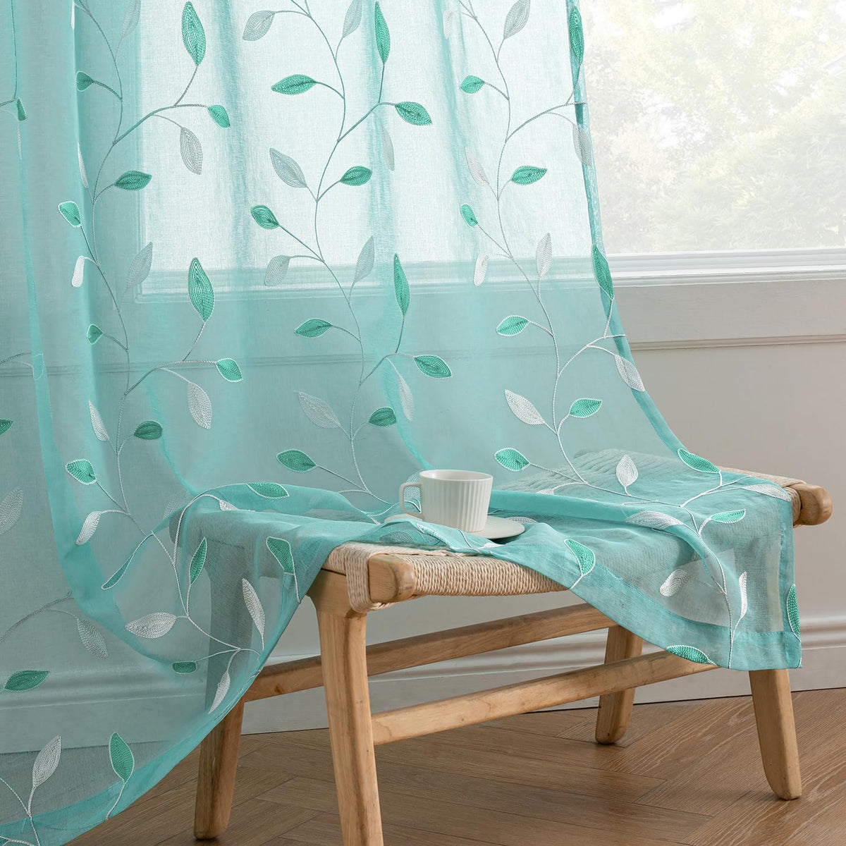 MIULEE Sage Green Sheer Curtains 2 Panels Leaf Patterned, W52 x L84
