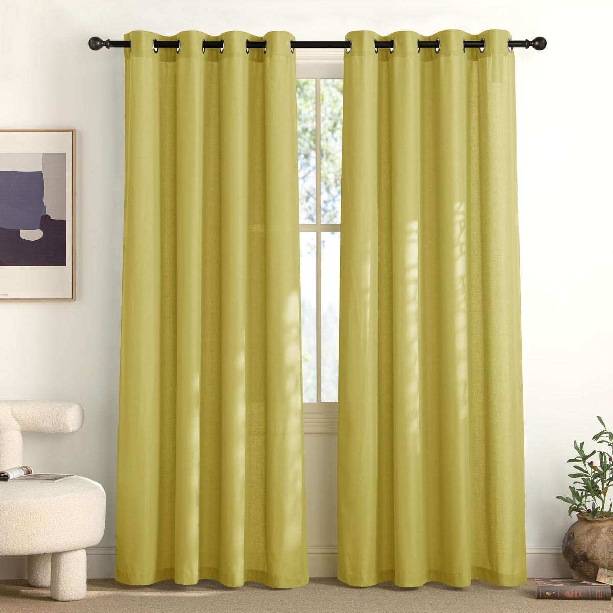 NICETOWN Natural Linen Curtains 84 inch Long 2 Panels Set, Grommet Top Thick Linen Burlap Semi Sheer Vertical Drapes Privacy Assured with Light Filtering for Bedroom/Living Room, W55 x L84