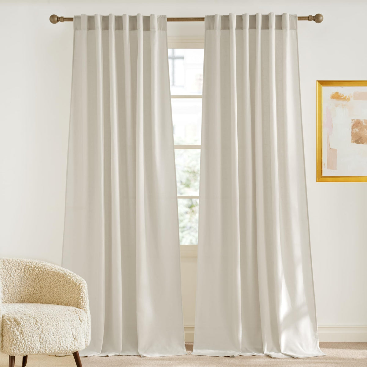 NICETOWN Flax Sheer Linen Curtains for Living Room 95 inch Long 2 Panels, Rod Pocket & Back Tab Semi Sheer Drapes Privacy Added with Light Filtering for Bedroom/Living Room, Natural, W55 x L95