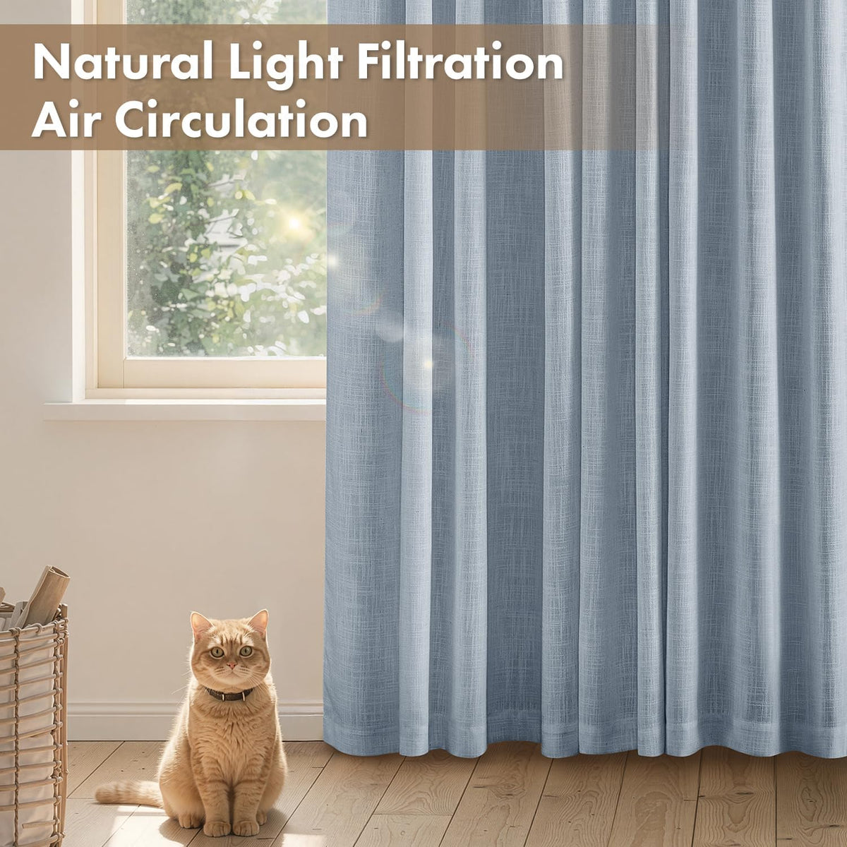 MIULEE Thick Linen Curtains, 42Wx72L, Light Blue Semi Sheer Linen Textured