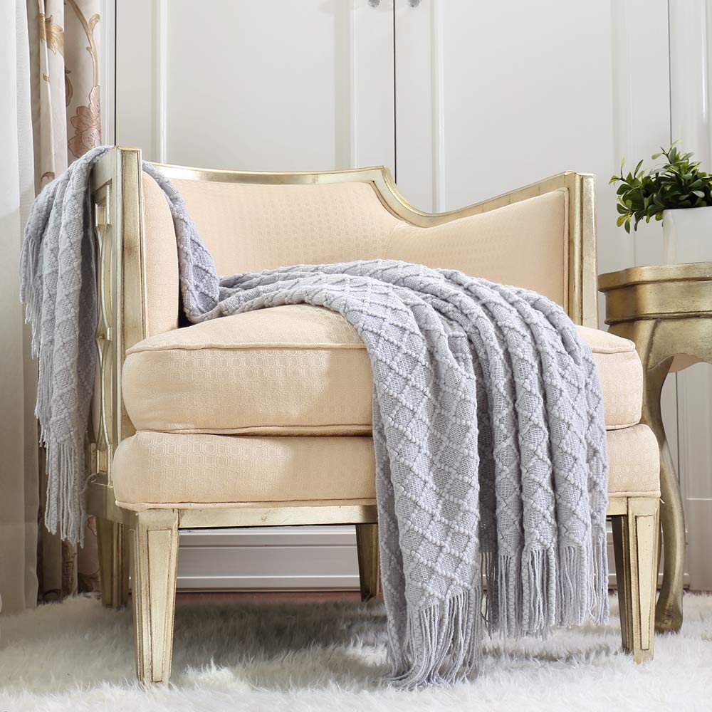 CREVENT Farmhouse Boho Knitted Throw Blanket for Couch Sofa Chair Bed Home Decoration, Soft Warm Cozy Light Weight for Spring Summer Fall (50''X60'' Off White/Ivory/Cream)