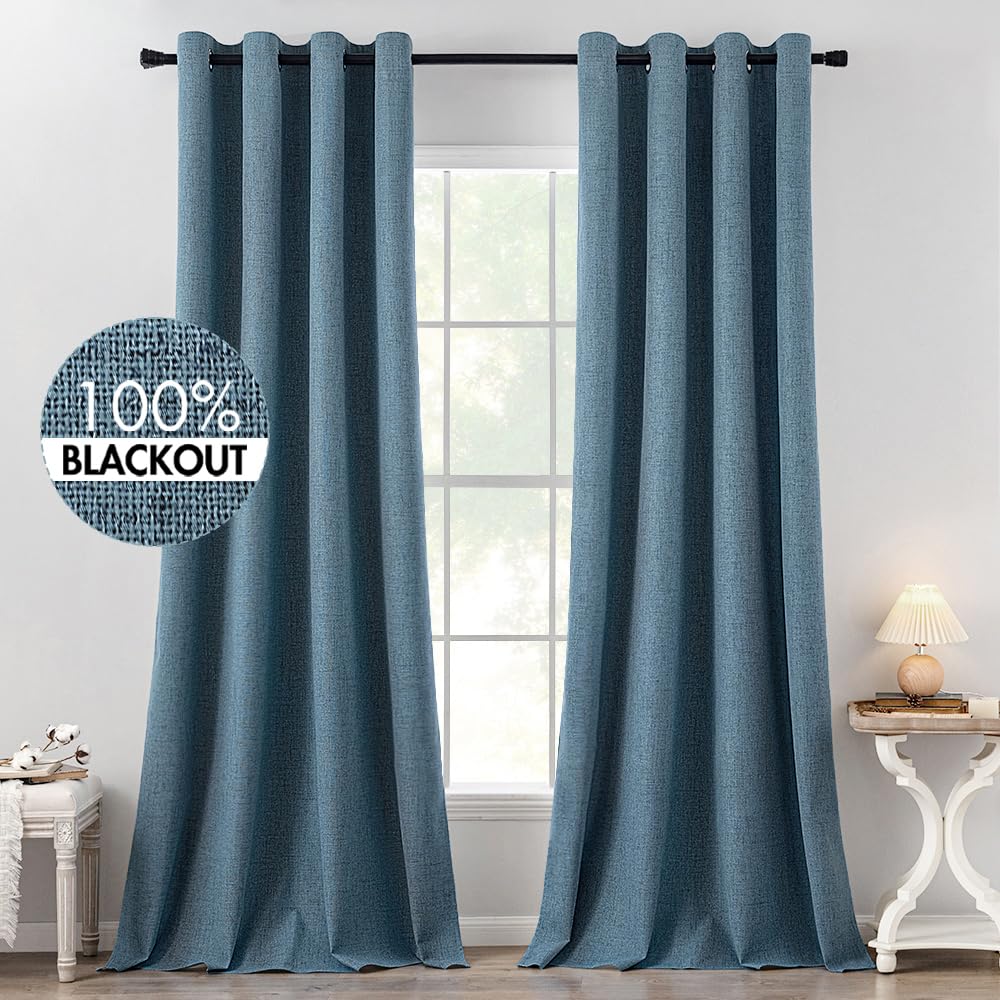 MIULEE 100% Blackout Linen Curtains for Bedroom 52x84 Inches Dusty Blue