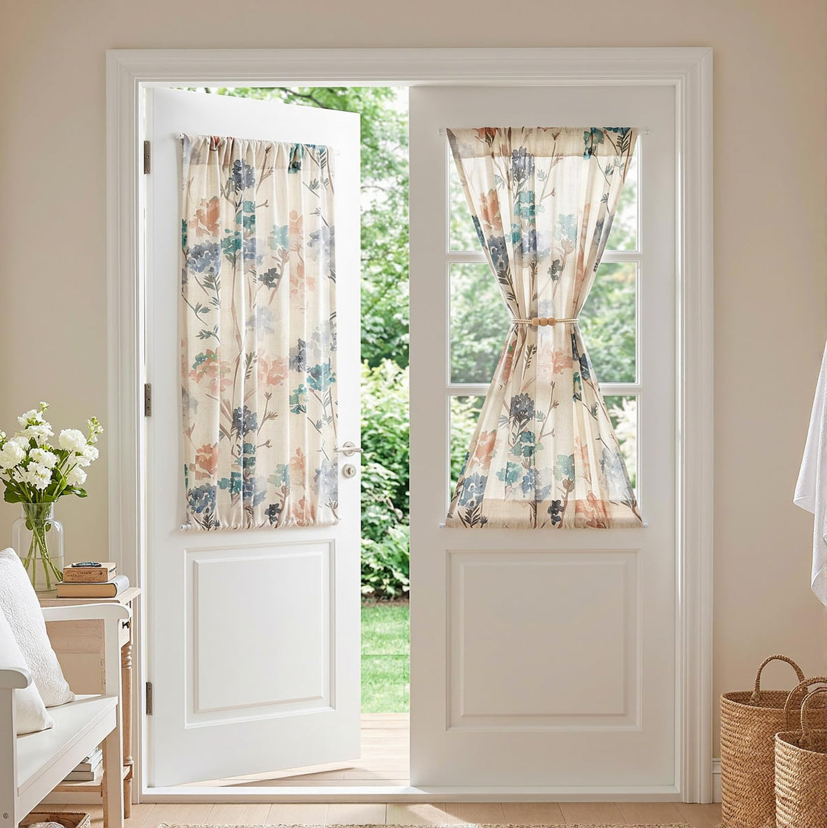 MYSKY HOME Floral Curtains 72 inch for Living Room Linen Semi Sheer Light Filtering Privacy Protect Lightweight Drapes Decor Farmhouse Soft Touch for Dining Room, Yellow, 52" Wide, 2 Panels