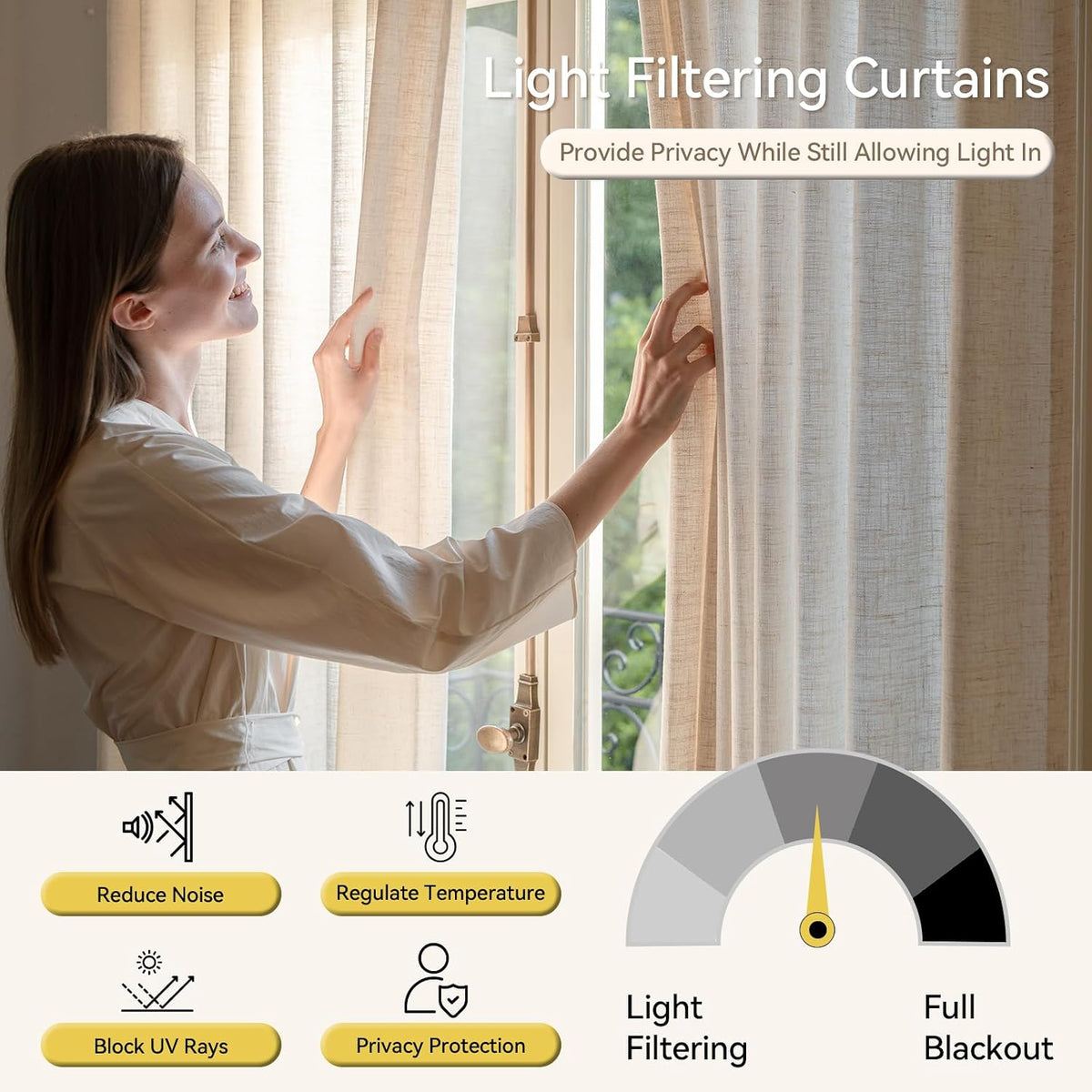 Liz Sheer Pinch Pleated Linen Curtains 90 Inches Long - Light Filtering Pleat Curtains for Living Room,Window Curtains for Bedroom, Luxury Pinch Pleated Drapes with Hooks, Natural, 2 Panels Set