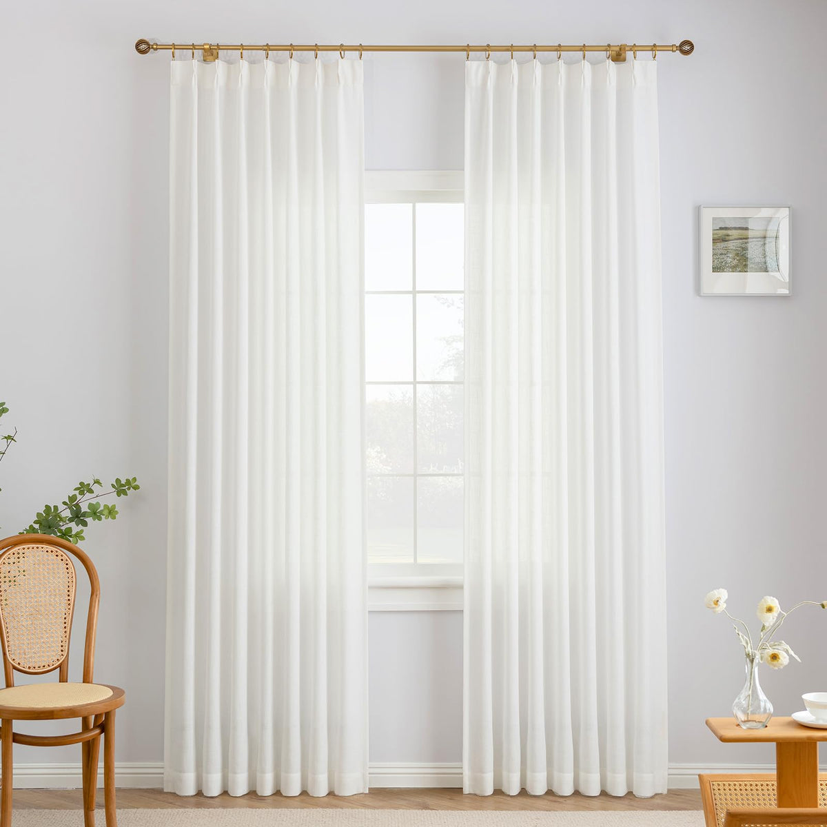 Liz Sheer Pinch Pleated Linen Curtains 90 Inches Long - Light Filtering Pleat Curtains for Living Room,Window Curtains for Bedroom, Luxury Pinch Pleated Drapes with Hooks, Natural, 2 Panels Set