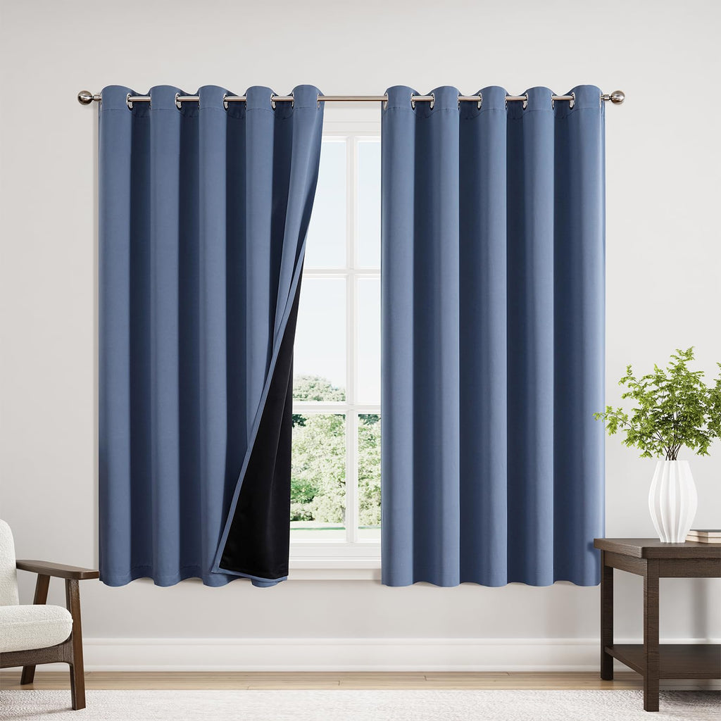 ChrisDowa 100% Blackout Curtains for Bedroom 63 Inch Long with Black Liner