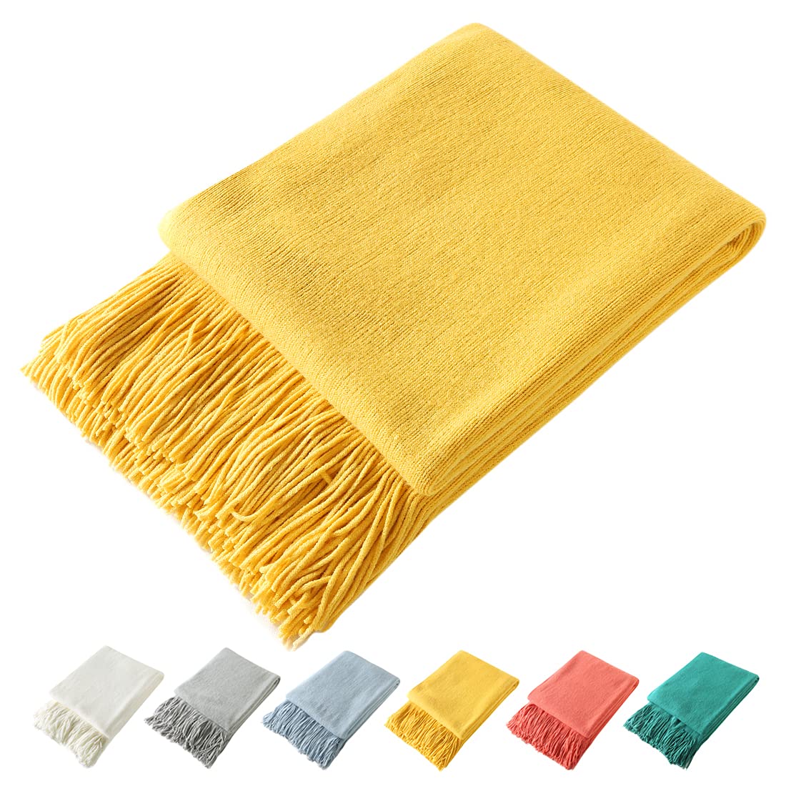 Homiest Pale Blue Knitted Throw Blanket with Fringe, 50x60 Inch