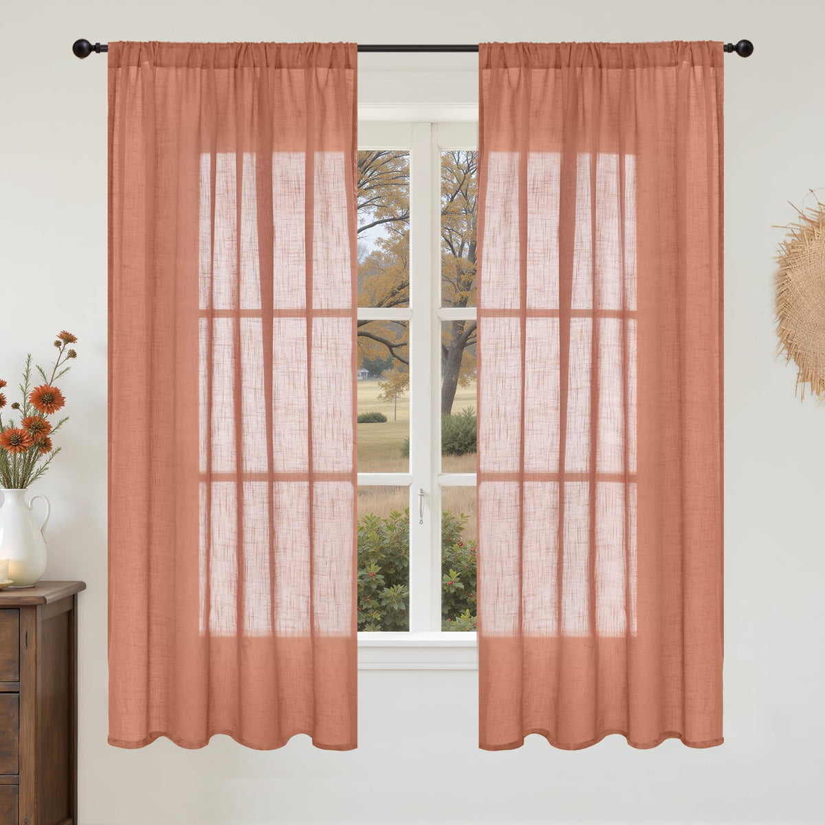 BGment Tan Linen Curtains 84 Inch Length 2 Panels Burlap Semi Sheer Drapes