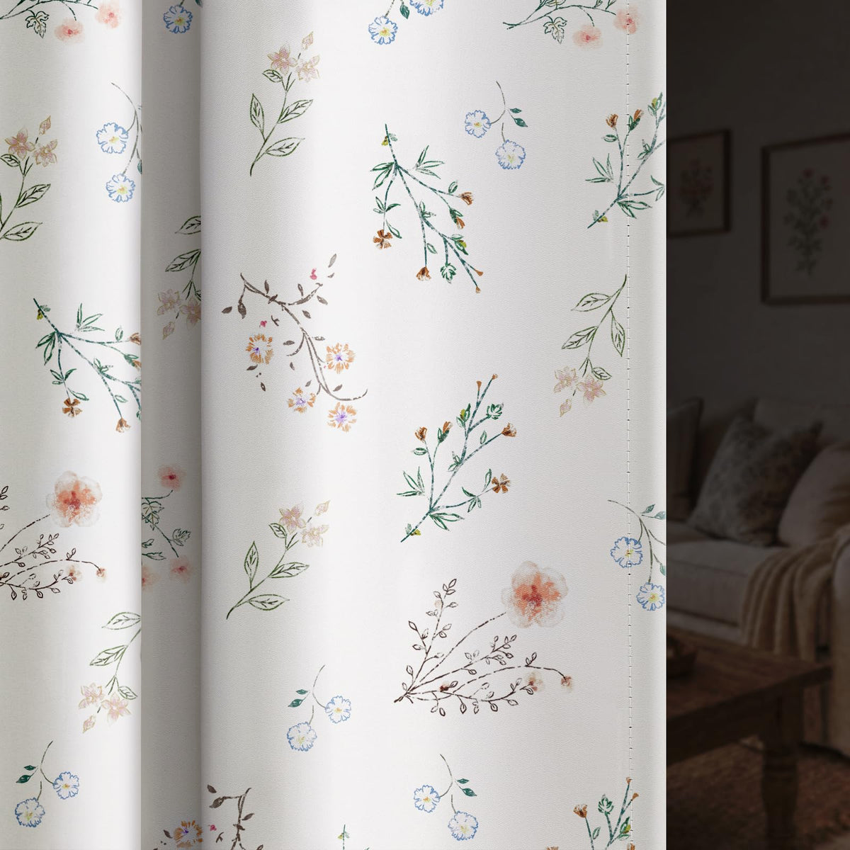Boho Floral 100% Blackout Curtains 84 Inch 2 Panels Linen Texture