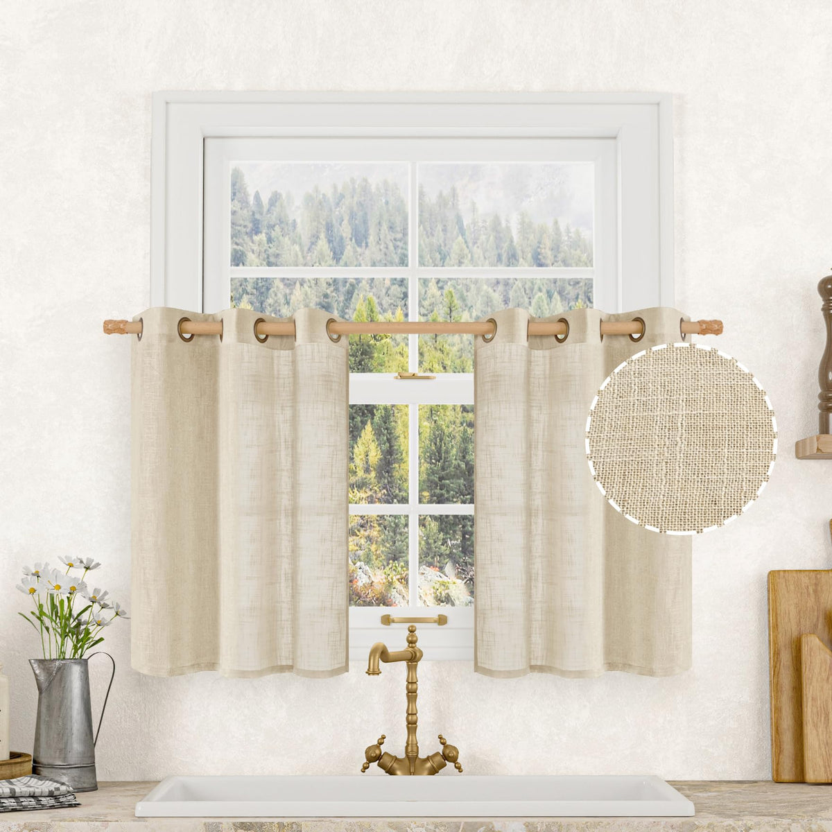 LAMIT Cream Ivory Linen Semi Sheer Curtains 84 inch Length for Bedroom