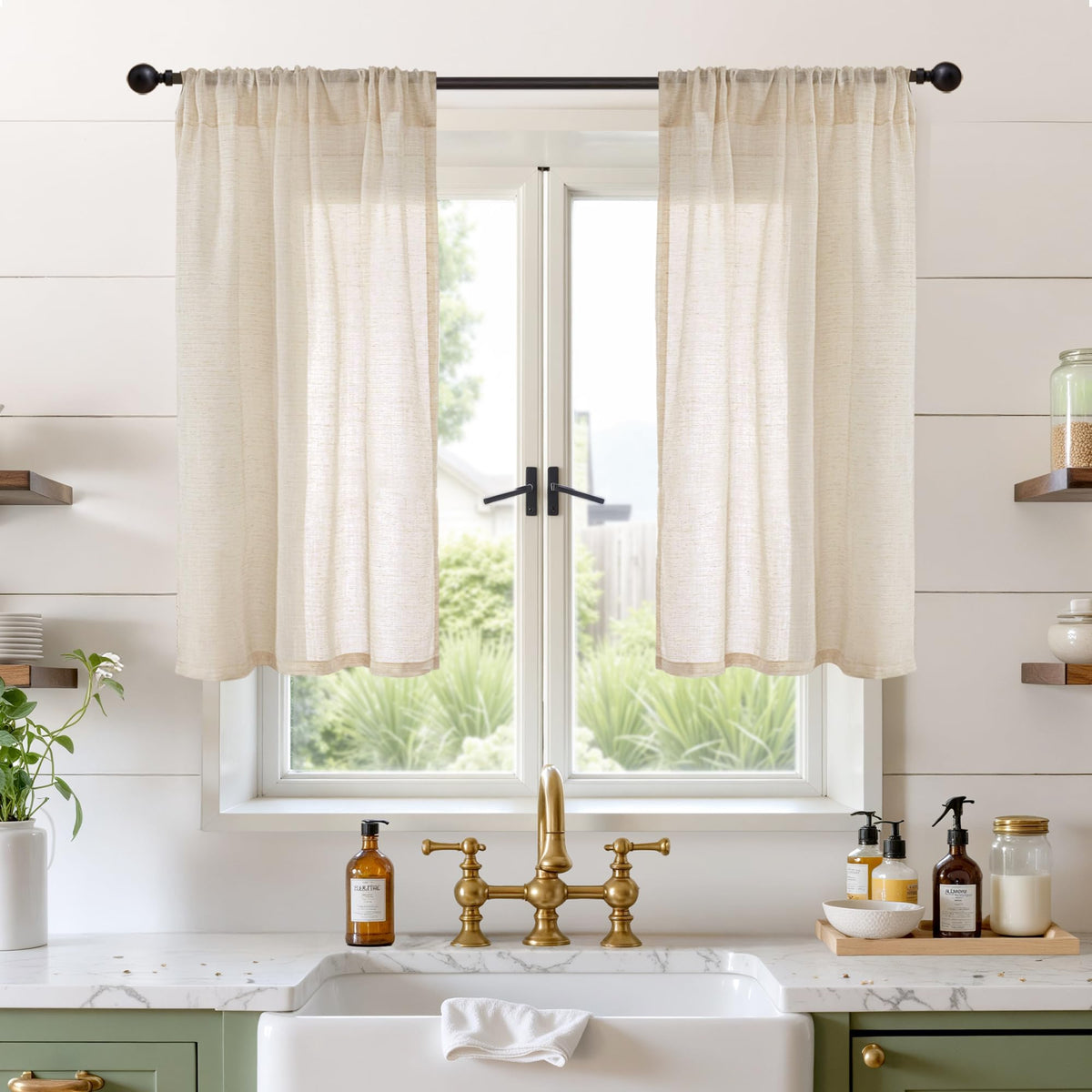 BGment Tan Linen Curtains 84 Inch Length 2 Panels Burlap Semi Sheer Drapes
