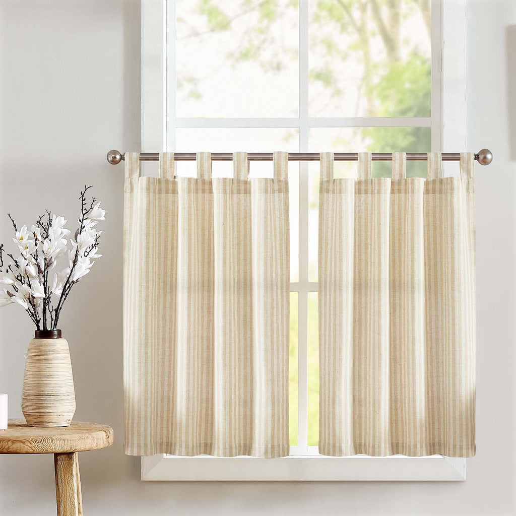 jinchan Striped Linen Kitchen Curtains 36 Inches Length Tier Curtains Farmhouse Modern Cafe Style Small Window Treatments Airy Light Filtering Rod Pocket for Living Room Bathroom 2 Panels Sage Green