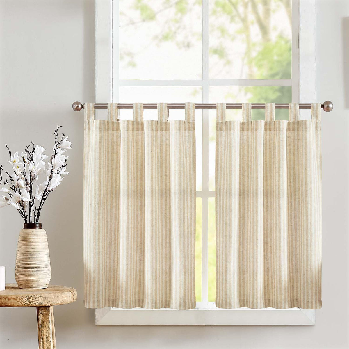 jinchan Striped Linen Kitchen Curtains 36 Inches Length Tier Curtains Farmhouse Modern Cafe Style Small Window Treatments Airy Light Filtering Rod Pocket for Living Room Bathroom 2 Panels Sage Green