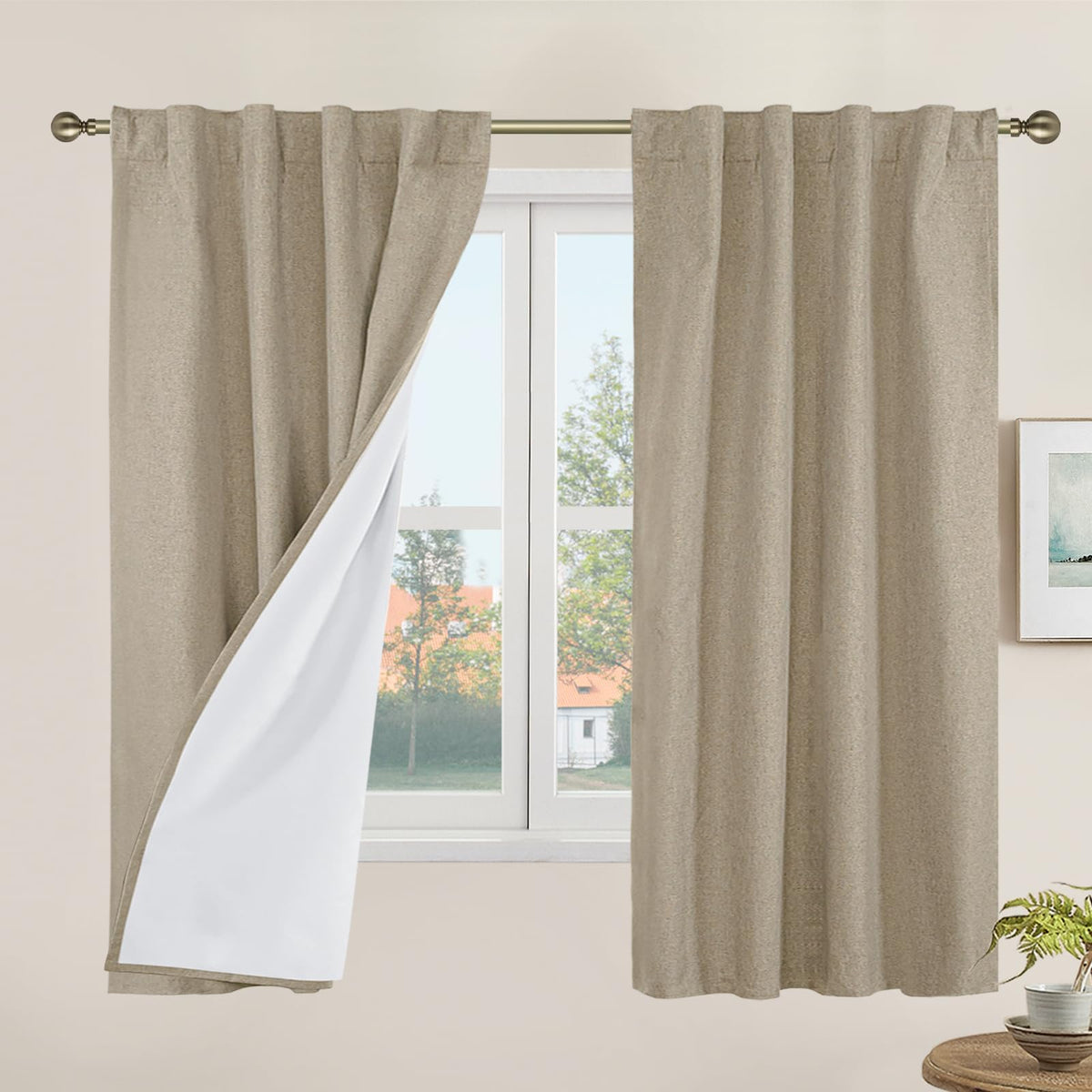 LAMIT 100% Blackout Short Linen Curtains for Cafe 40 Inch Length, Ivory