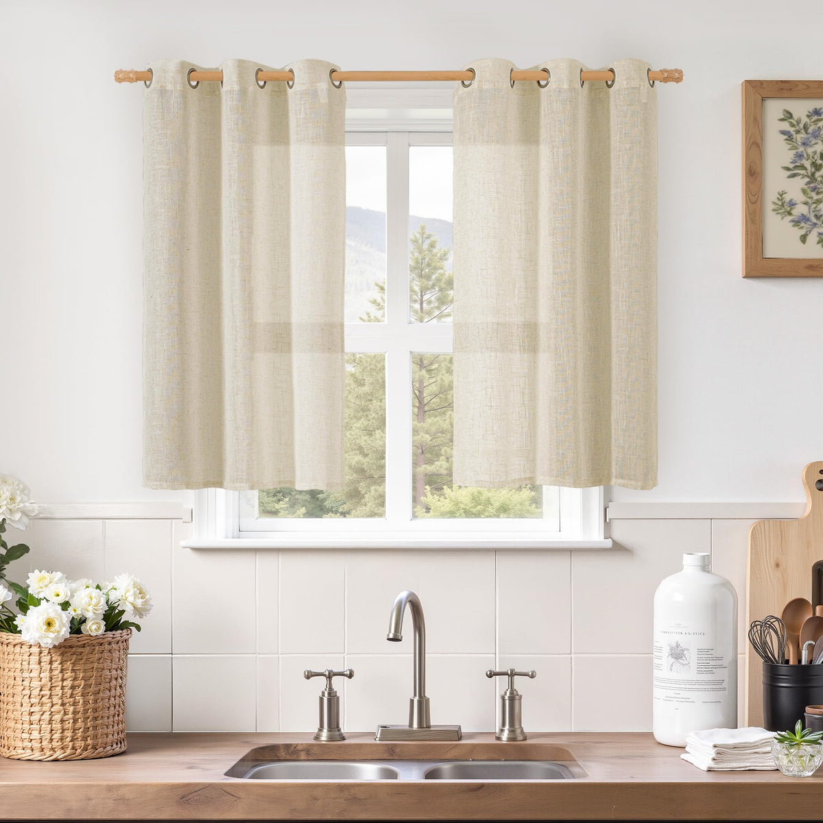 LAMIT Cream Ivory Linen Semi Sheer Curtains 84 inch Length for Bedroom