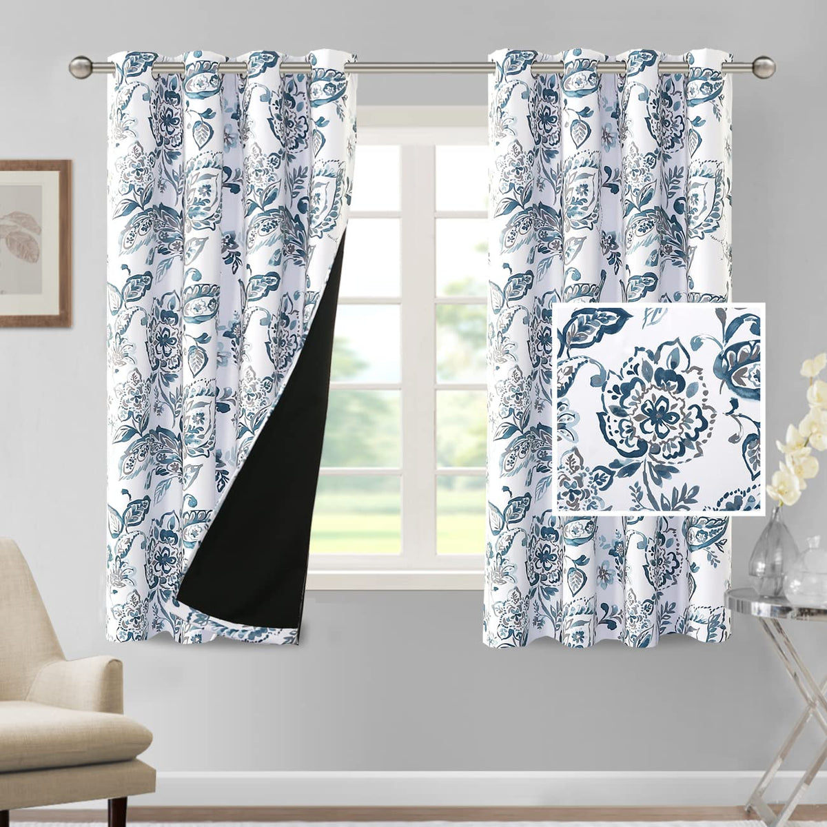 H.VERSAILTEX 100% Blackout Curtains 84 inch Length 2 Panels Set Cattleya Floral Printed Drapes Leah Floral Thermal Curtains for Bedroom with Black Liner Sound Proof Curtains, Grey and Taupe