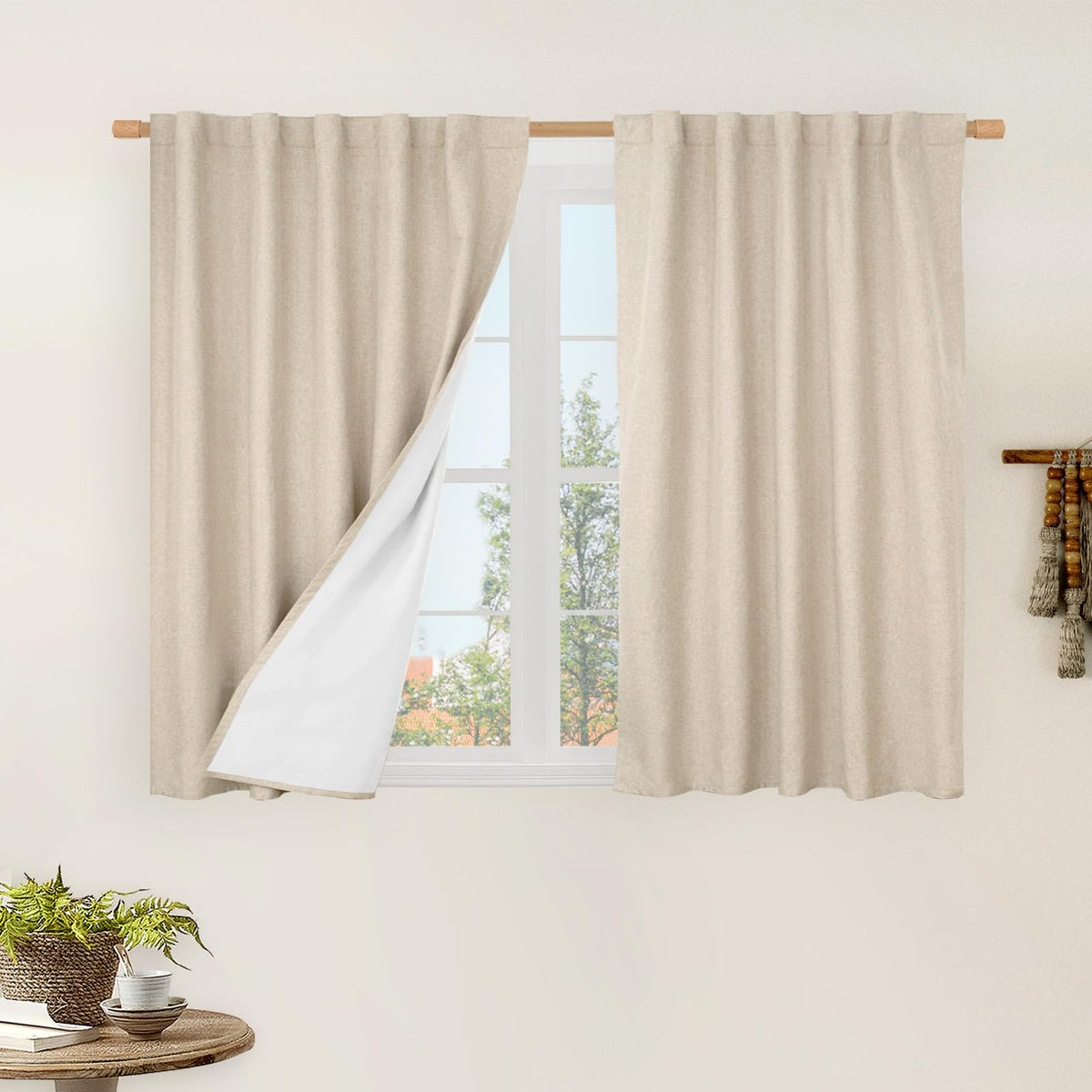 LAMIT 100% Blackout Short Linen Curtains for Cafe 40 Inch Length, Ivory