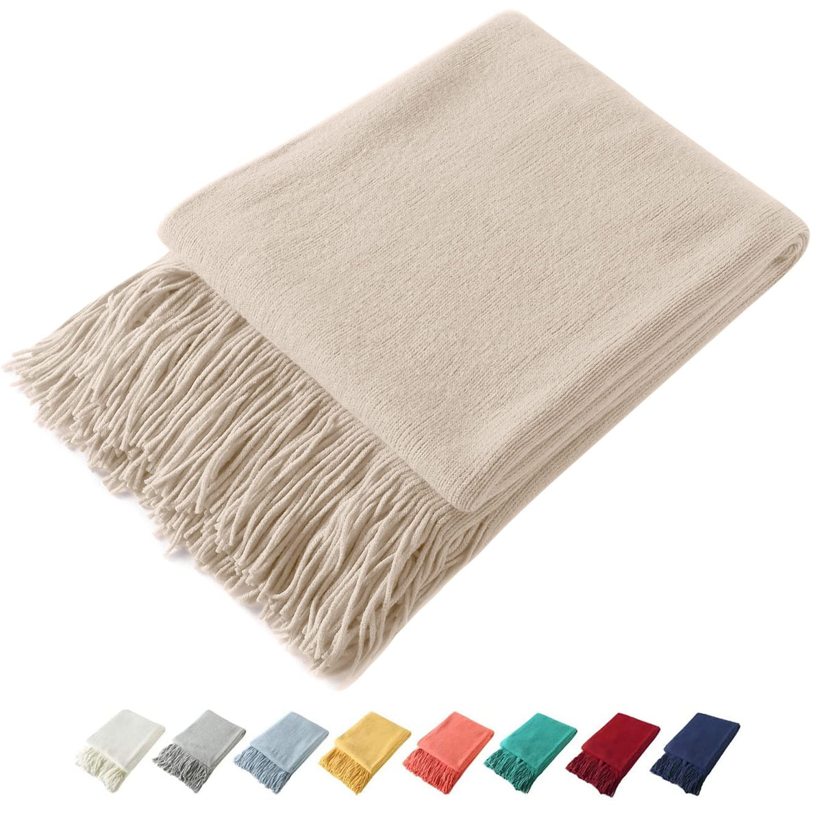 Homiest Pale Blue Knitted Throw Blanket with Fringe, 50x60 Inch