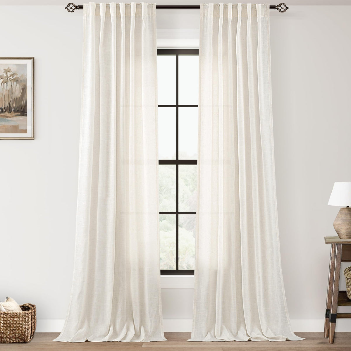 96 inch Long Linen Curtains 2 Panels for Living Room Back Tab Cream Ivory Light Filtering Semi Sheer Curtain 96 inches Long Boho Farmhouse Rustic Linen Drapes Floor to Ceiling Length 8 FT