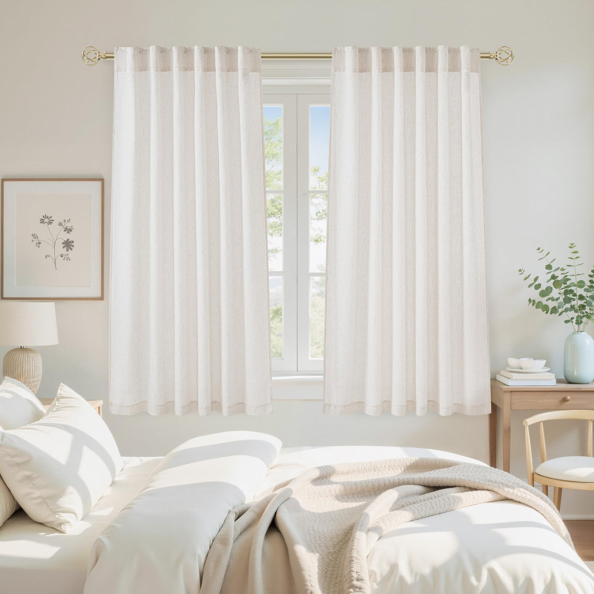 NICETOWN Flax Sheer Linen Curtains for Living Room 95 inch Long 2 Panels, Rod Pocket & Back Tab Semi Sheer Drapes Privacy Added with Light Filtering for Bedroom/Living Room, Natural, W55 x L95