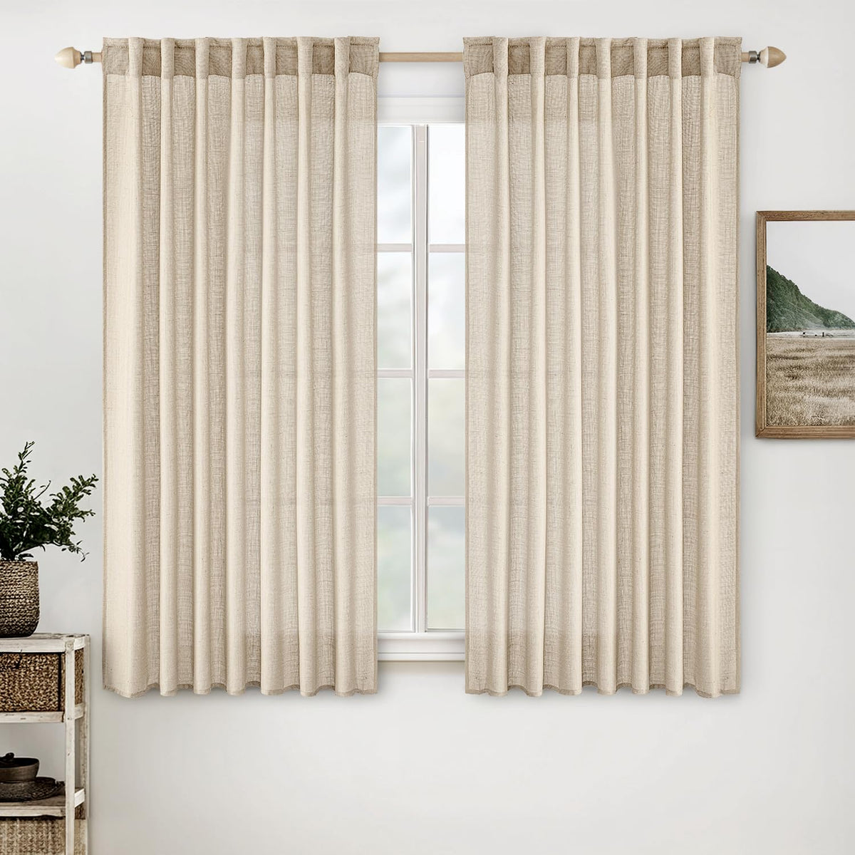MIULEE Natural White Linen Curtains 52x90 Inch Long 2 Panels for Bedroom