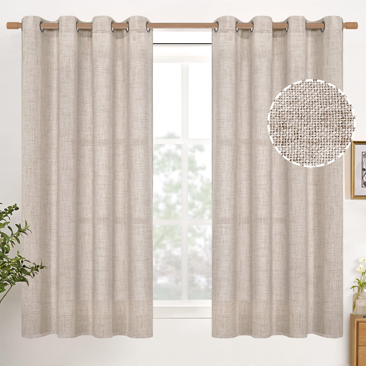 YoungsTex Linen Semi Sheer Curtains 63 Inch Length, Light Filtering Drapes