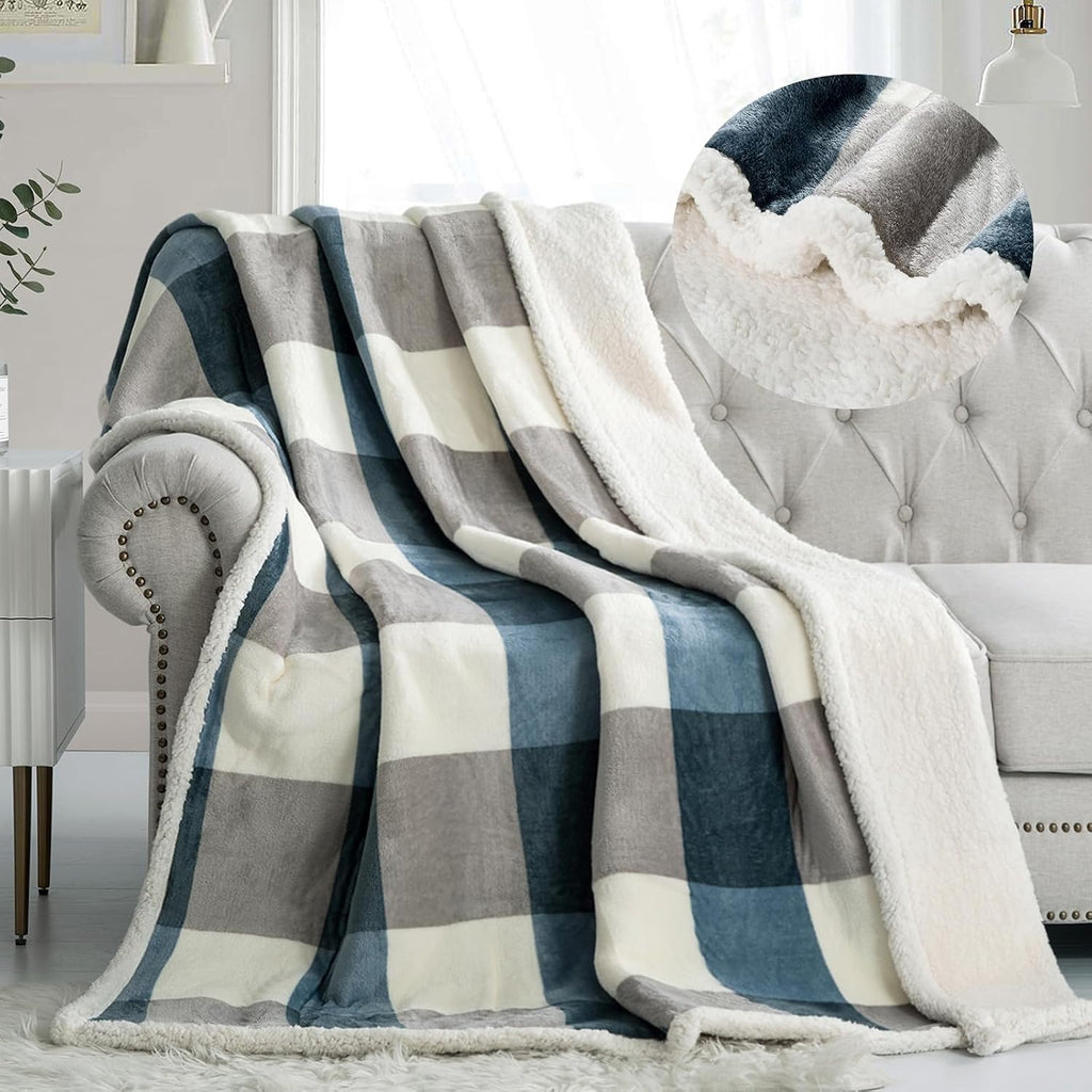 PU MEI Sherpa Fleece Throw Blanket 60" x 80" Reversible Plush Fluffy Large Big Blanket Lattice Flannel Blankets for Sofa Couch Bed (Grey-Soft Blue, 60"*80")
