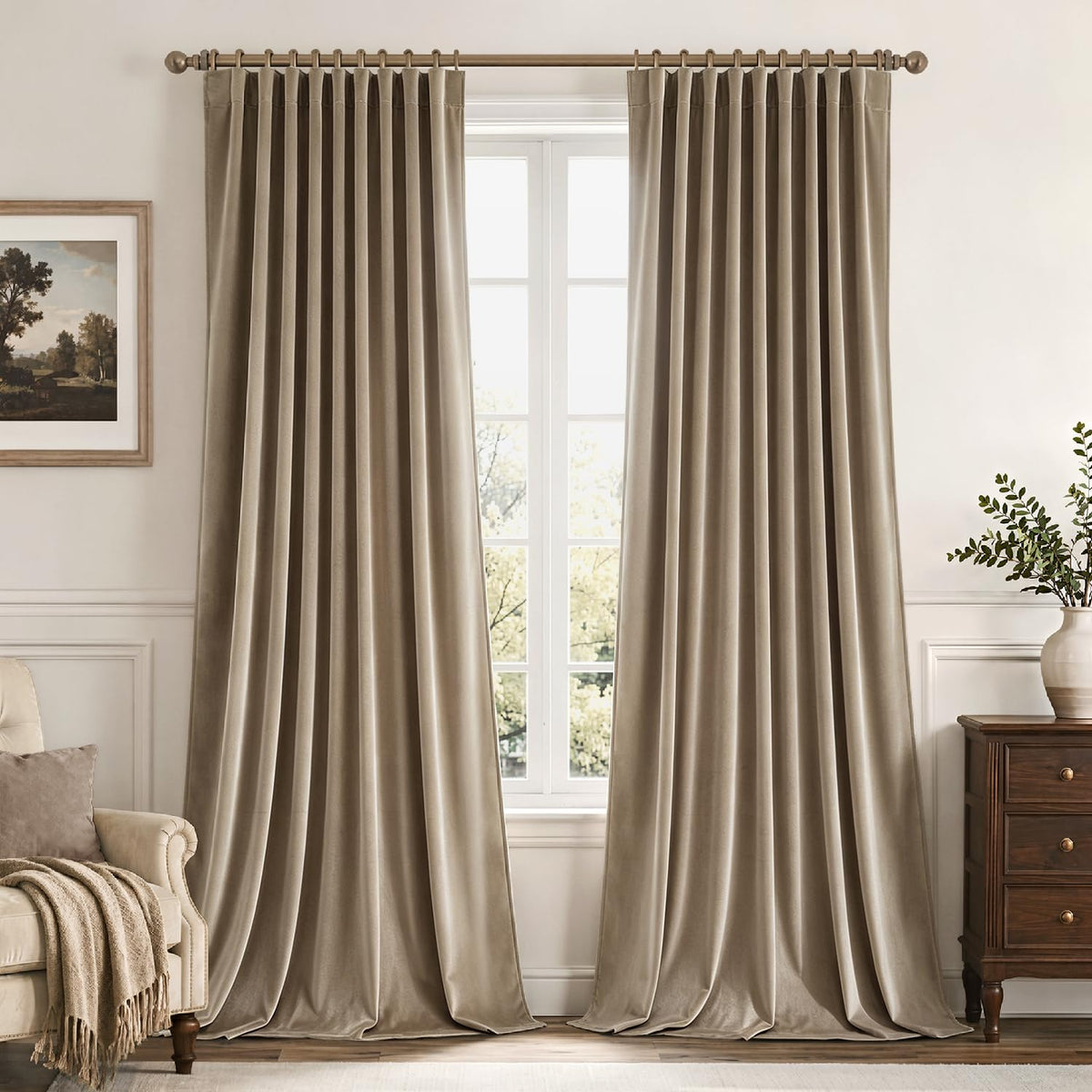 MIULEE Sage Green Velvet Pinch Pleat Blackout Curtains W52 X L108 Inches